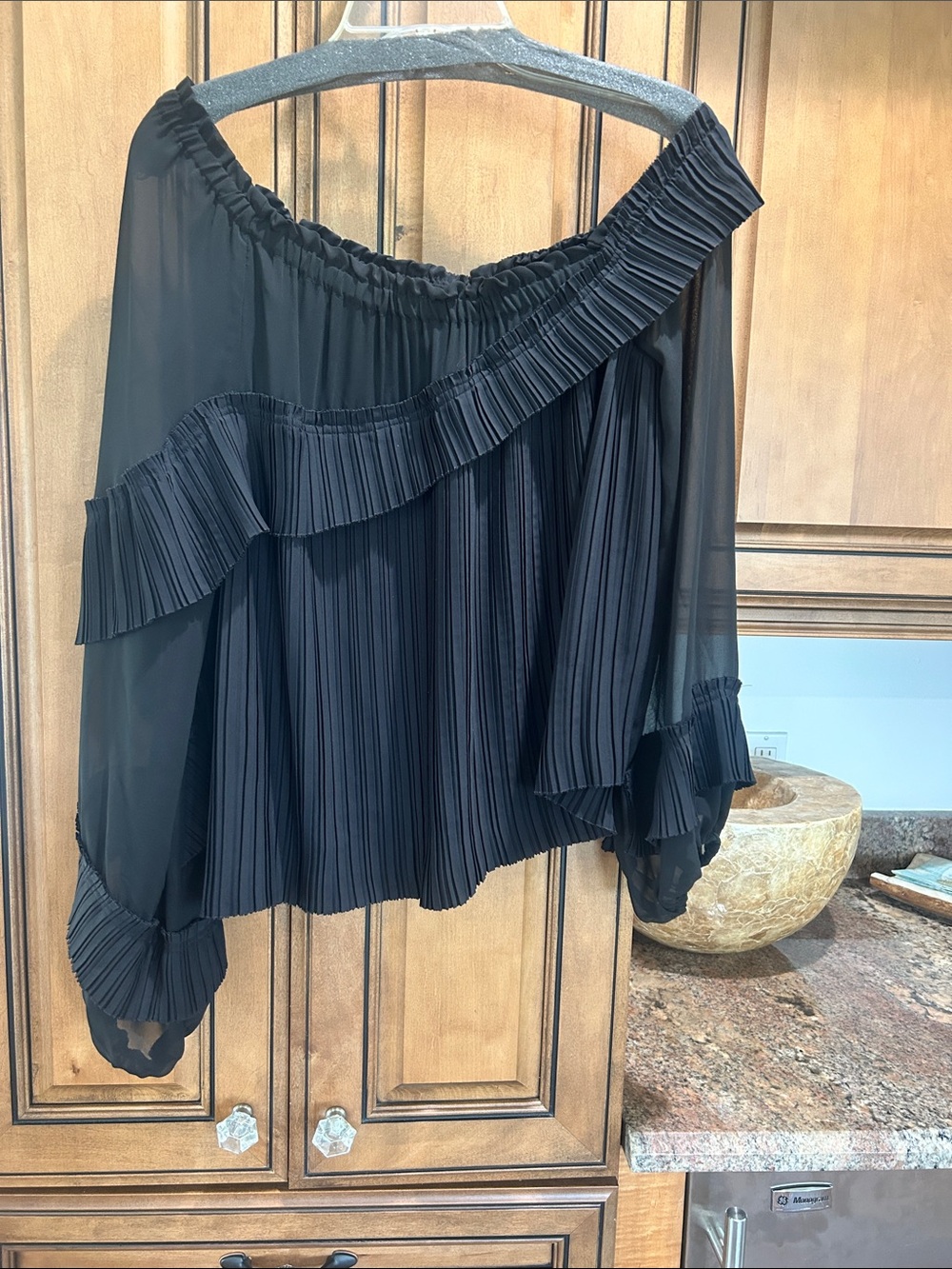 Ramy Brook Black One-Shoulder Pleated Ruffle Blouse